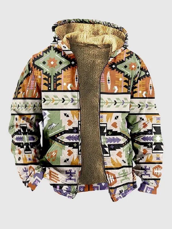 Men's Ethnic Fleece Zipper Retro Casual Printed Hoodie Jacket