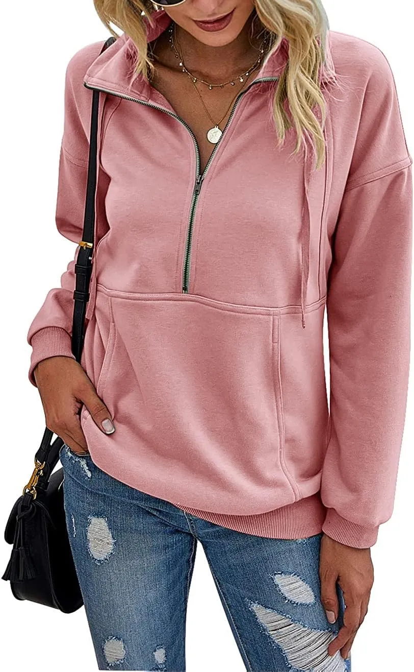 Women's Casual Long Sleeve Lapel Zipper Sweatshirt Drawstring Loose Pullover Tops