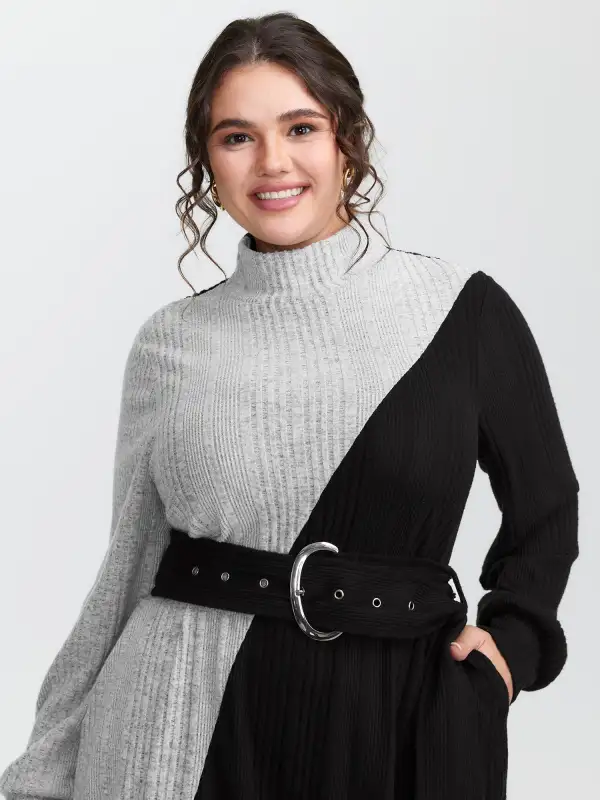 Colorblock Belted Ribbed Midi Dress