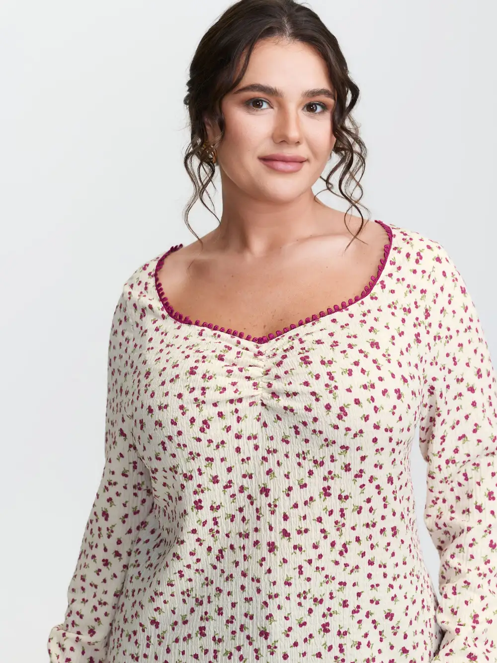 Cherry Print Pleated Stretchy T-Shirt