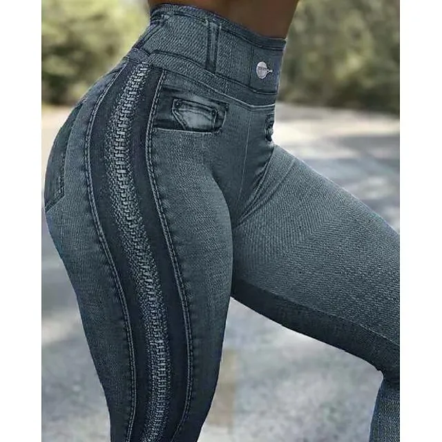 Women's Jeans Flared Pants Bell Bottom Full Length Faux Denim Side Pockets High Elasticity High Waist Fashion Tights Casual Weekend Black Blue S M