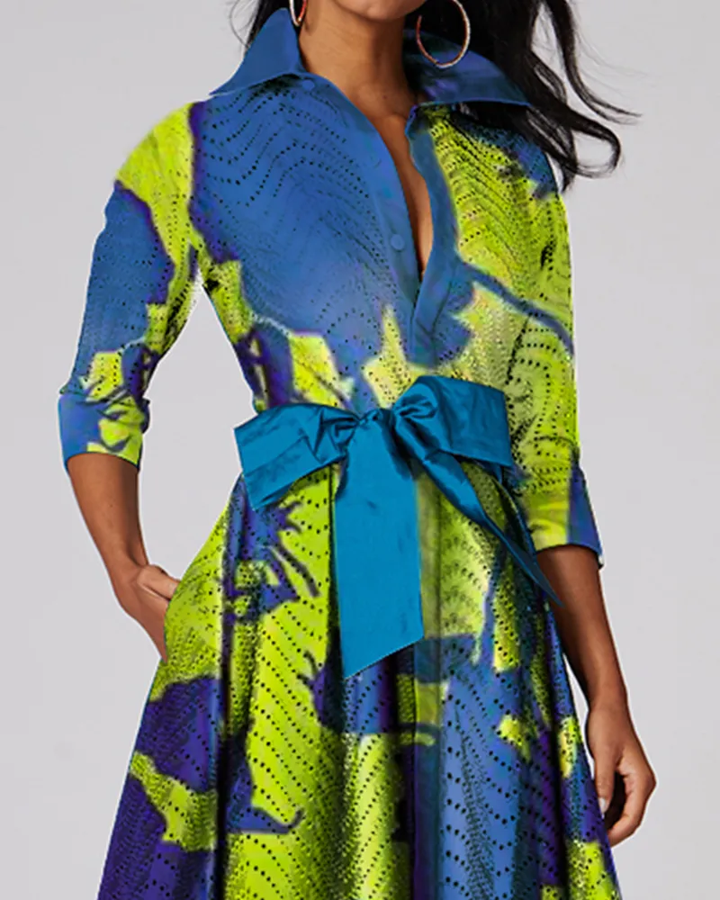 Contrast brocade maxi dress shirt collar