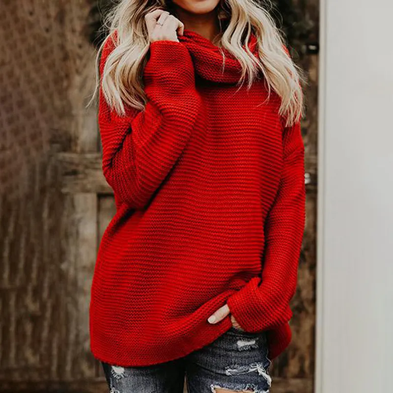 Solid Color High Neck Pullover Knitted Sweater