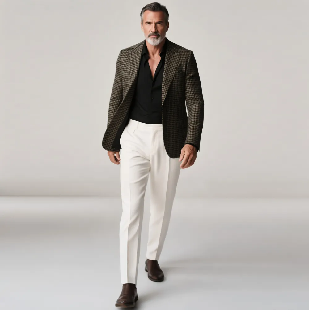 Men's Business Peak Lapel Long Sleeve Button Houndstooth Blazer