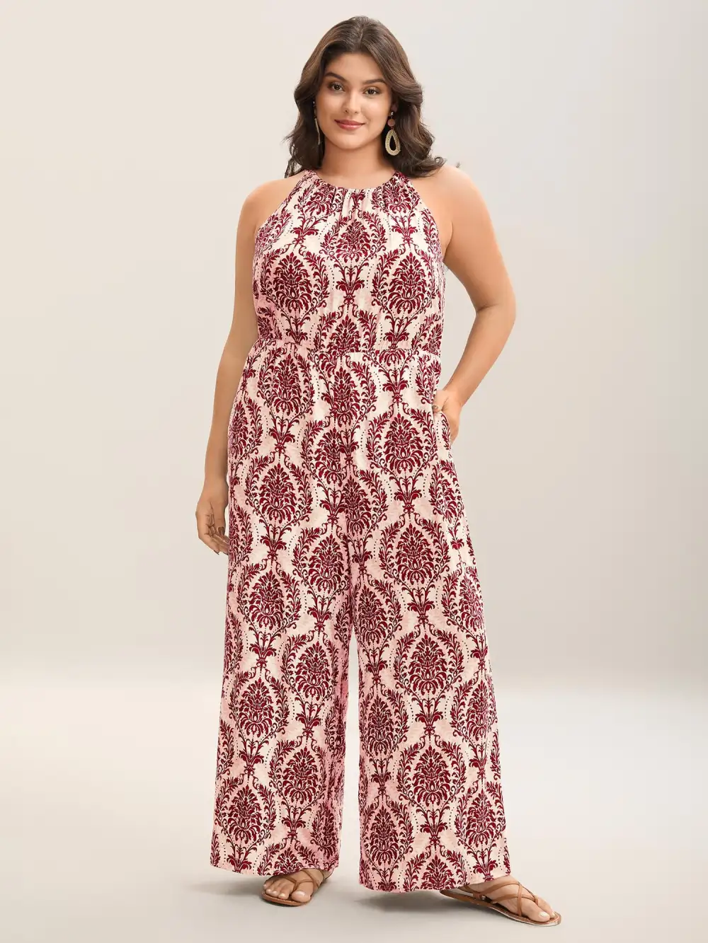Rayon Damask Print Stretchy Waist Jumpsuit