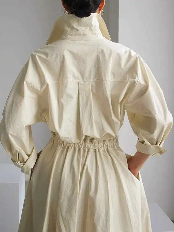 Original Solid Color Lapel Long Sleeves Midi Dress