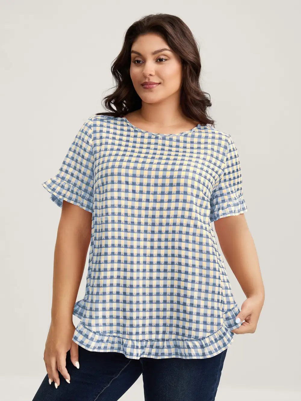 Gingham Print Button Back Blouse