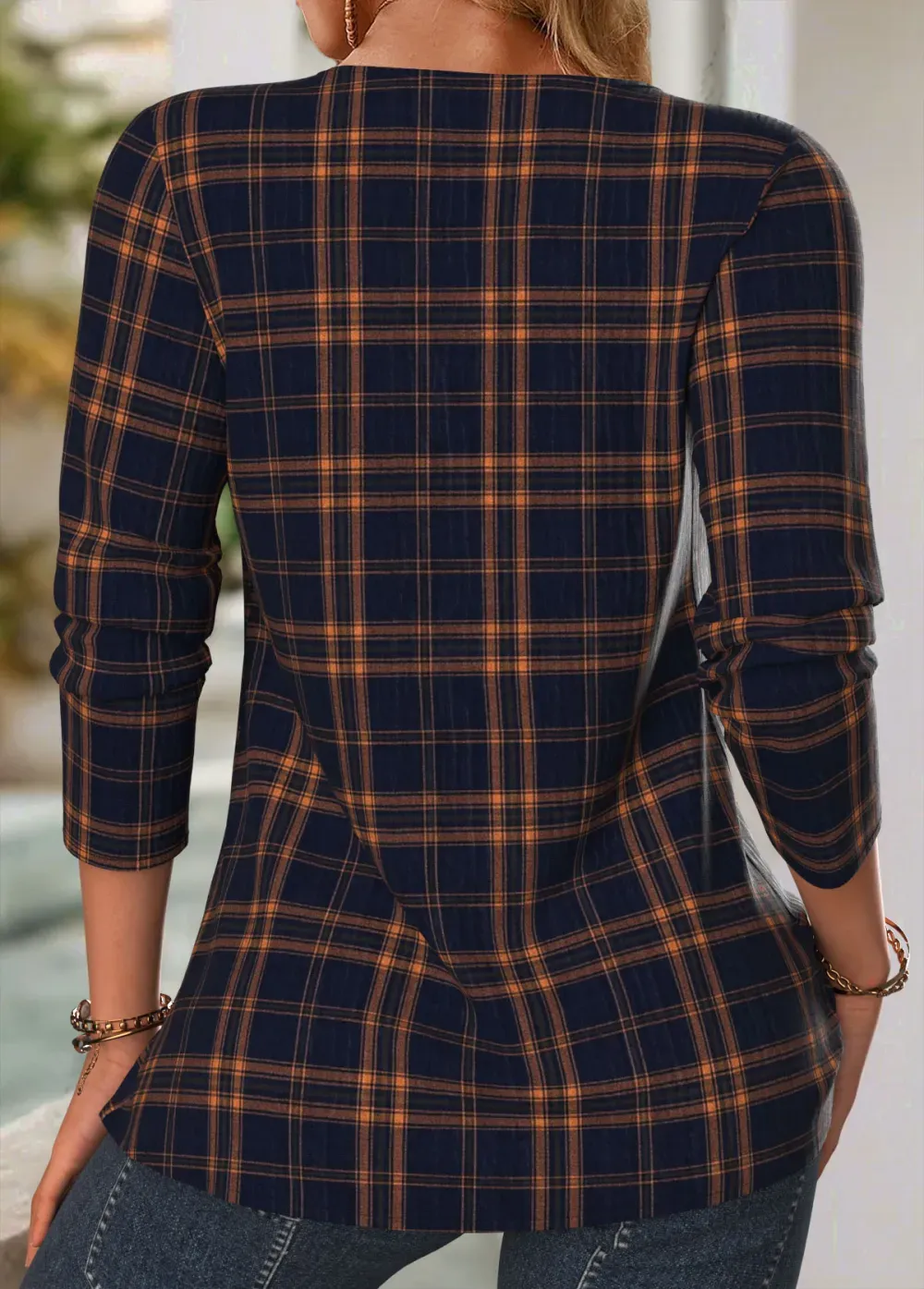 Navy Tuck Stitch Plaid Long Sleeve Split Neck Blouse