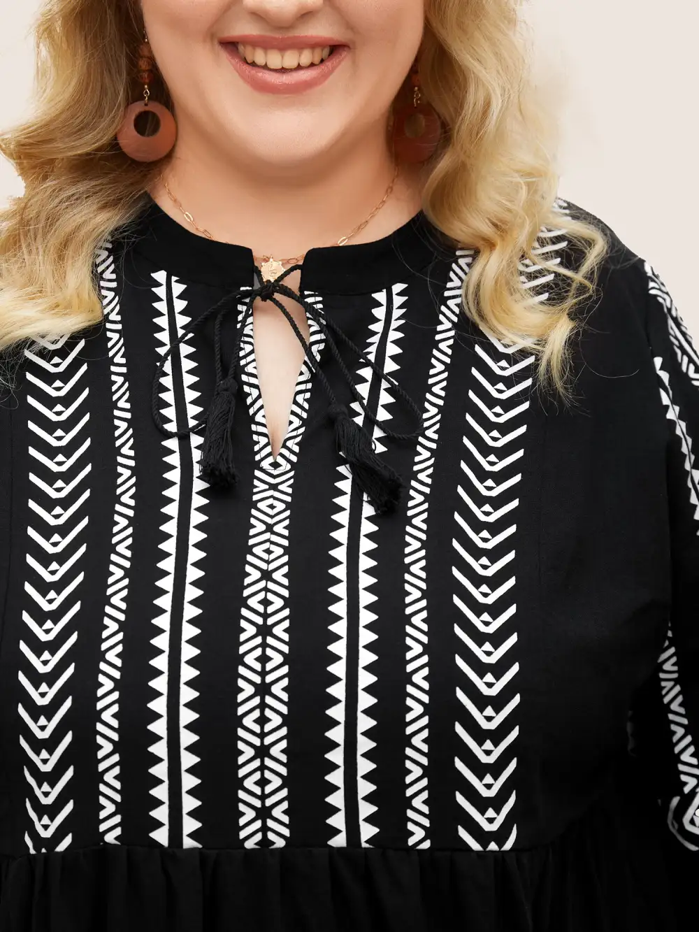 Cotton Geometric Bandana Print Tassel Trim Dress