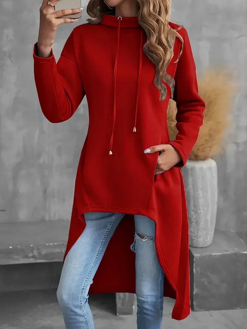 Solid Color Hig-low Hoodie, Casual Long Sleeve Drawstring Hoodie Sweatshirt,