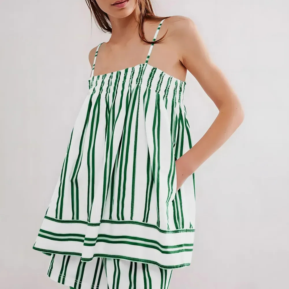 ✨Women 2 Piece Camisole Babydoll Top Tank Striped Boxer Shorts Matching Pjs Outfit Lounge Sets