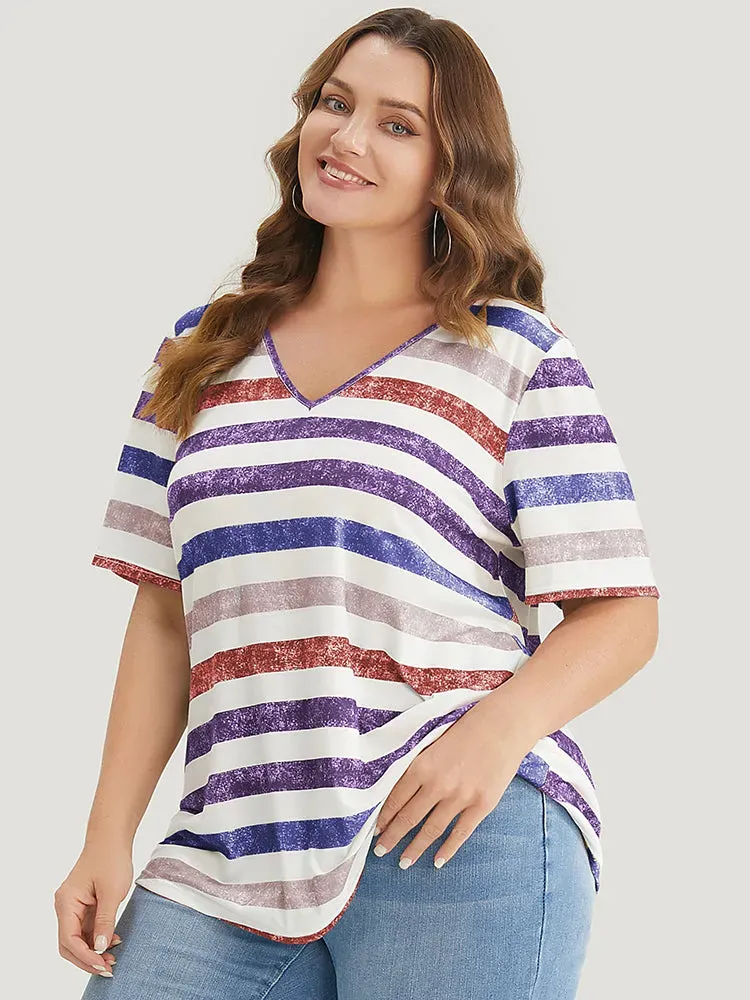 Striped Contrast V Neck T-shirt