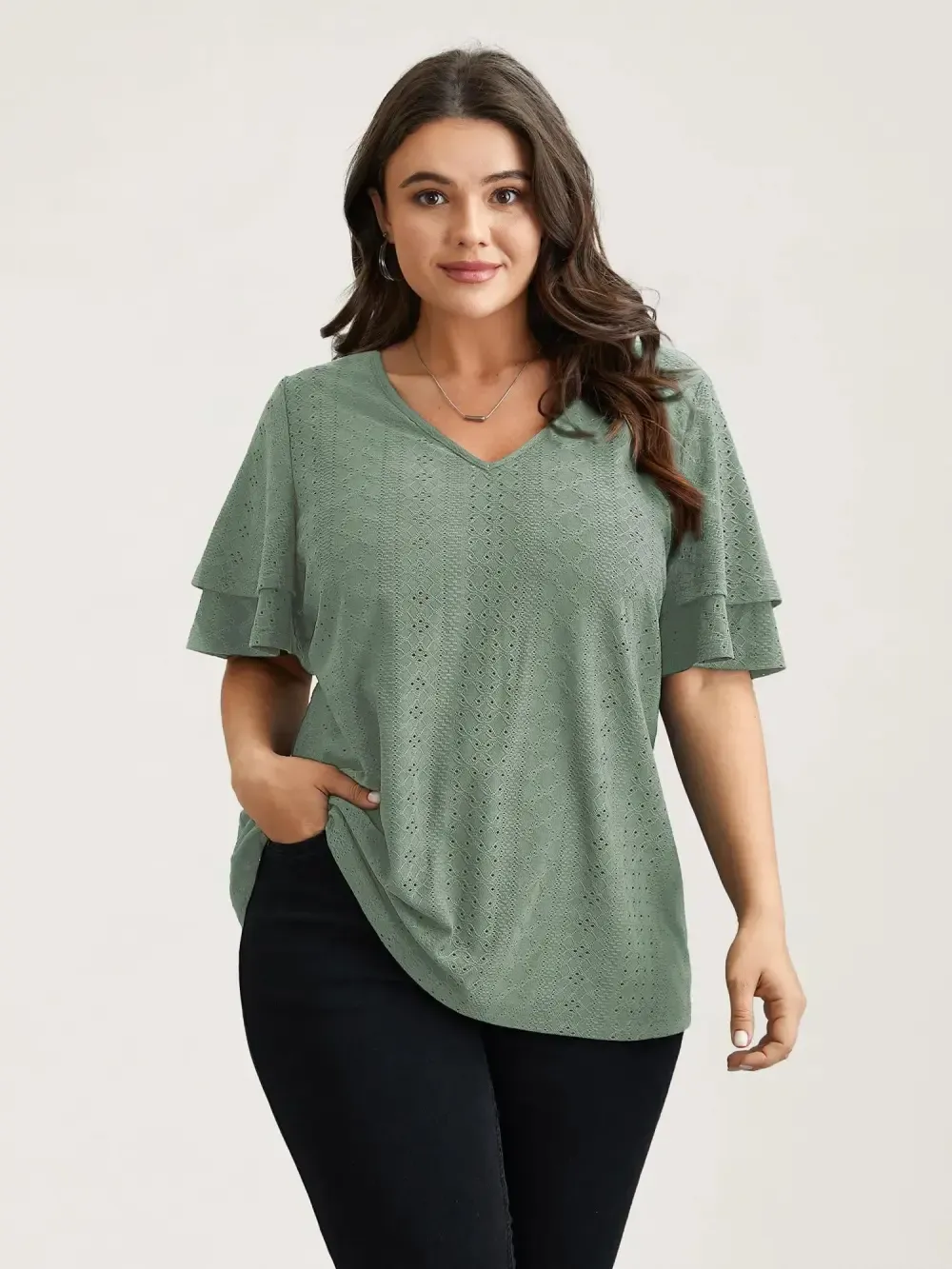Jacquard Textured Lotus Leaf Sleeve Top