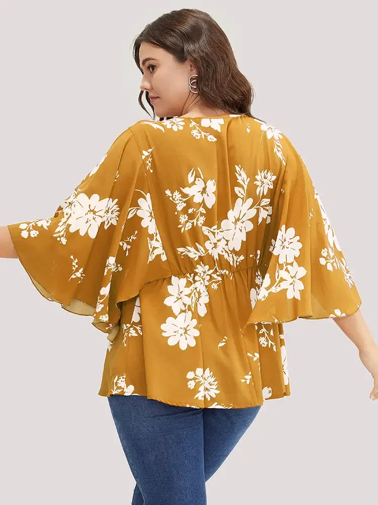 Floral Printed Plicated Detail Flutter Sleeve Blouse