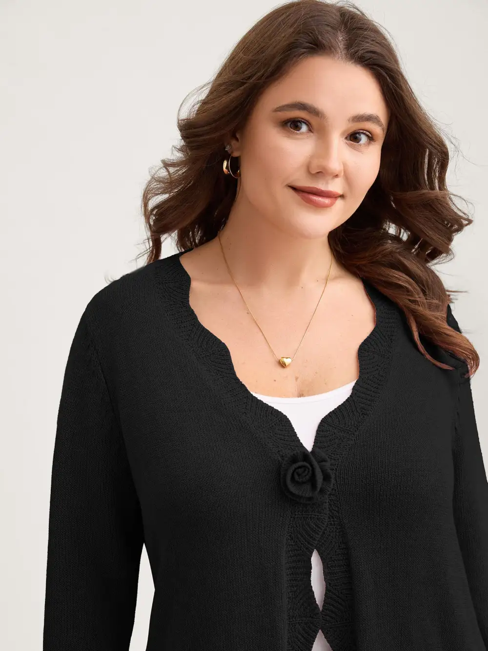 Supersoft Textured Floral Button Ruffled Hem Knit Cardigan