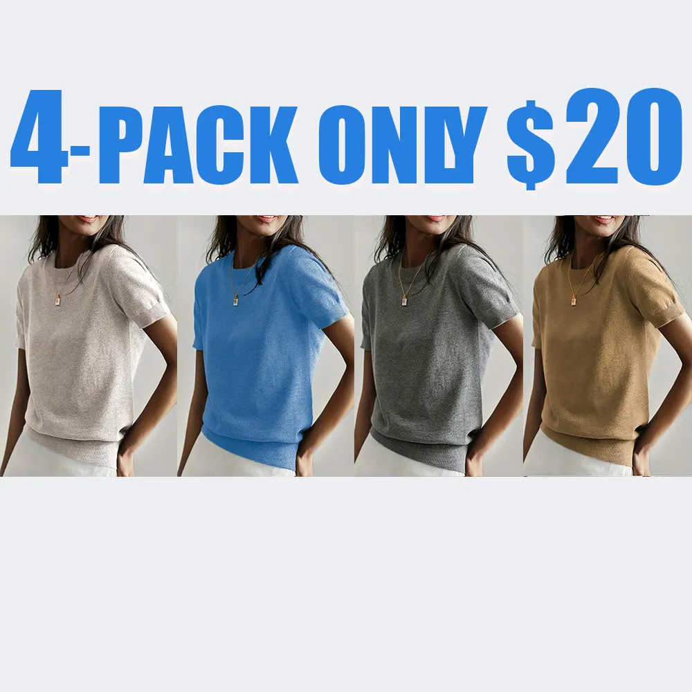 Women's Solid Crew Neck Short Sleeve Sweater – Casual Knit Pullover for Spring & Fall