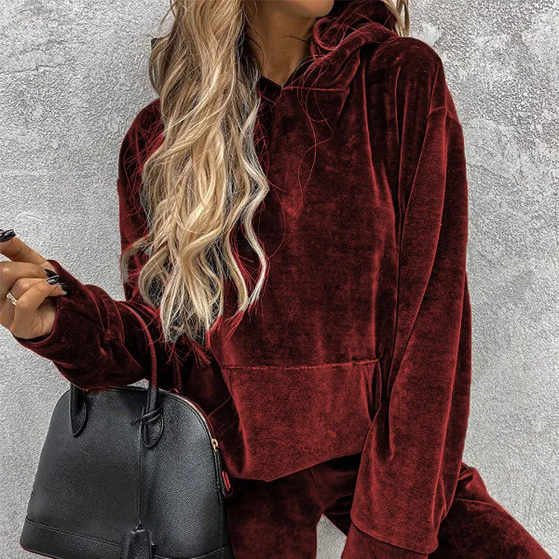 Women's solid color hooded sports casual suit