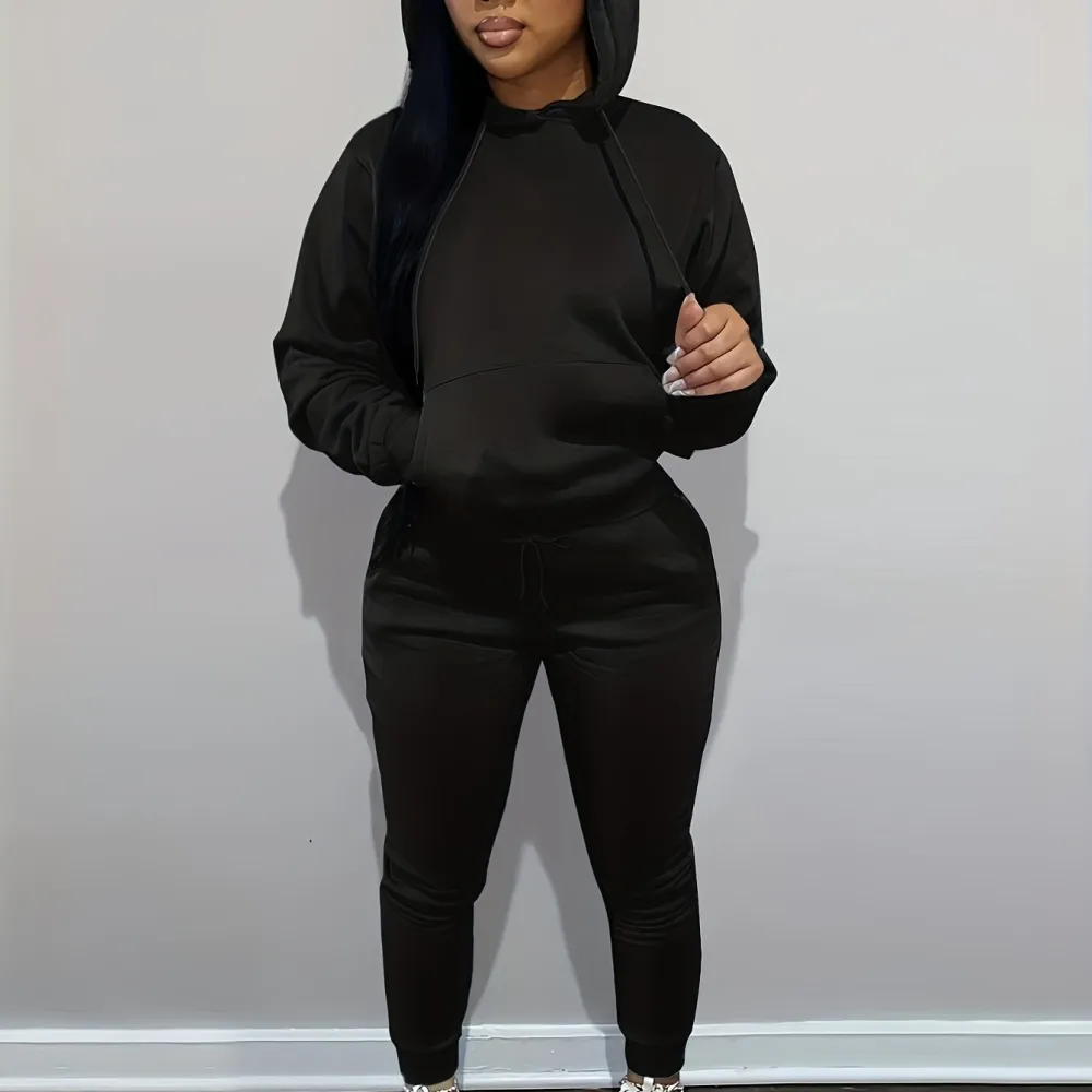 Womens Comfort-fit Drawstring Hoodie & Loose Sweatpants Set - Stylish Two-Piece Pantsuit with Handy Pockets - Versatile Casual Wear for Everyday Style
