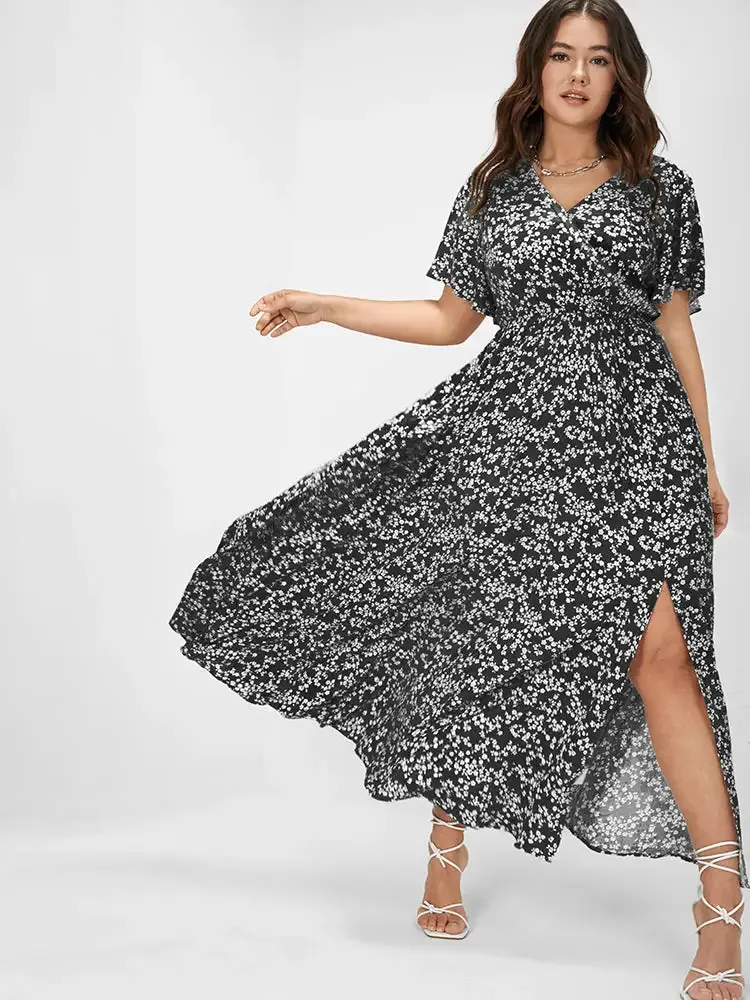 Bloom Dress - Flutter Sleeve Ditsy Floral Pocket Split Maxi Dress