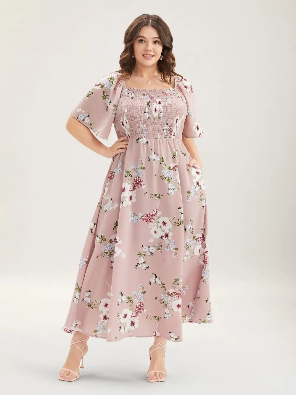 Floral Square Neck Ruffles Pocket Shirred Split Dress