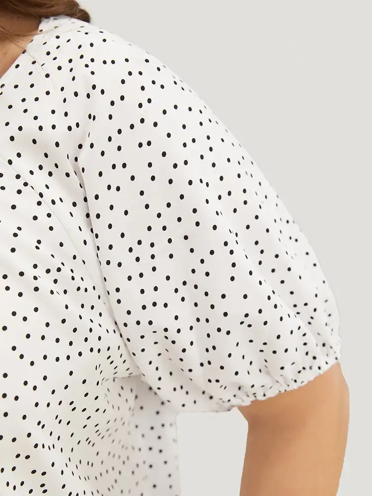 Polka Dot Pleated Round Neck Puff Sleeve Blouse