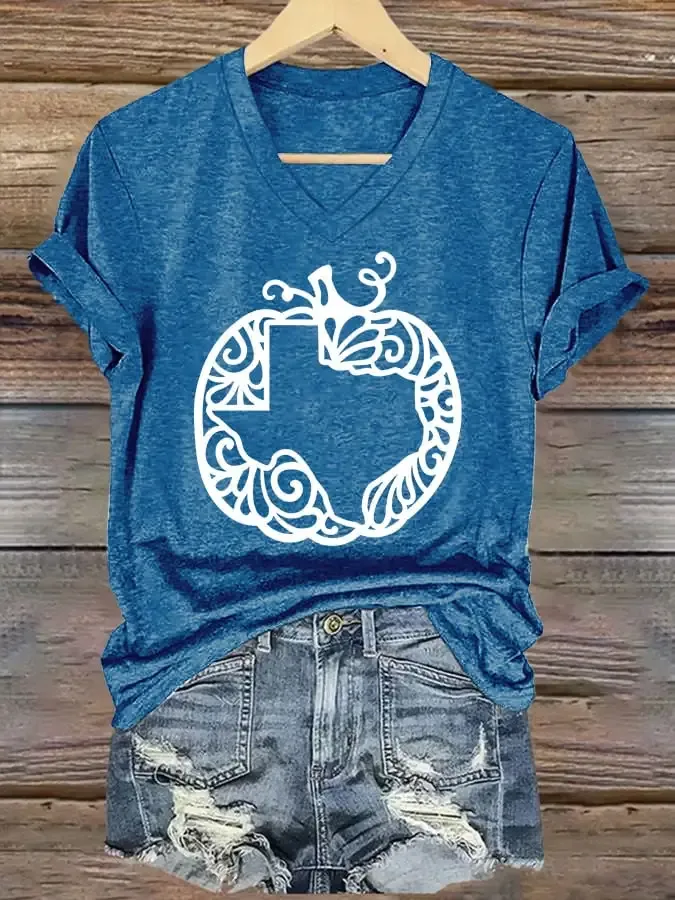 V-Neck Retro Texas Strong Fall Pumpkins Print T-Shirt