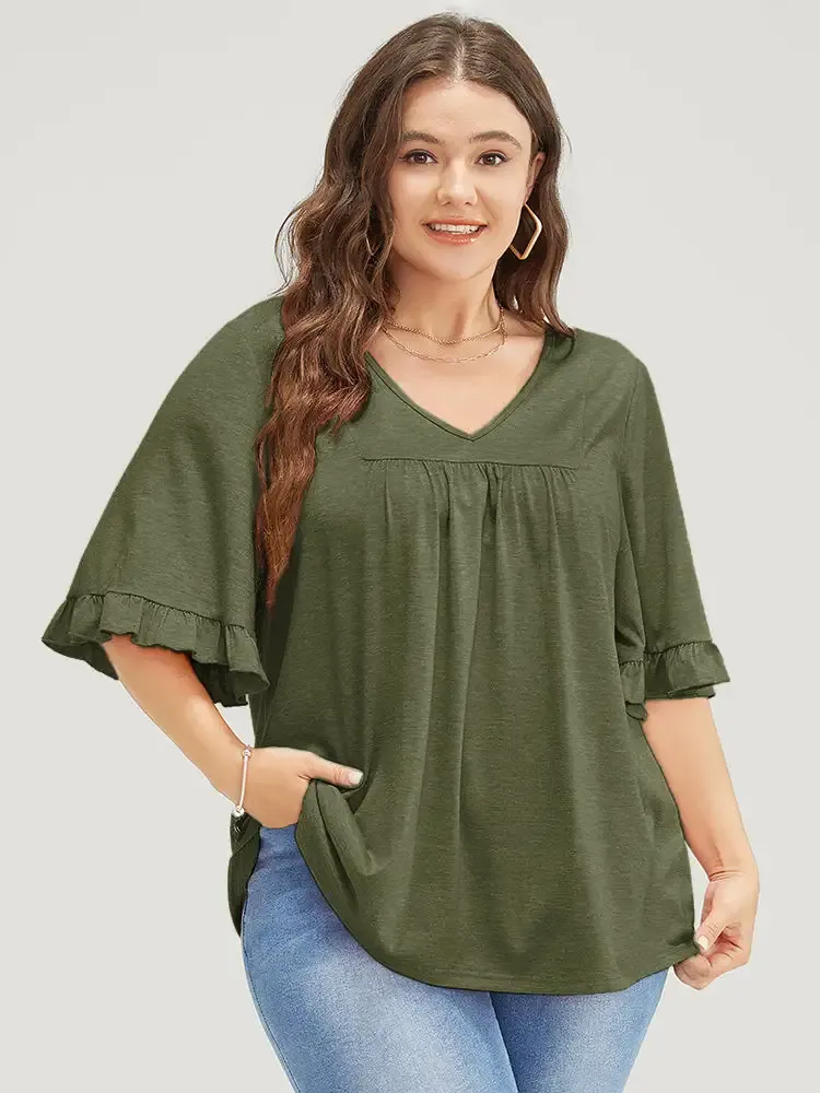 Solid Gathered Ruffle Trim Flounce Sleeve T-shirt