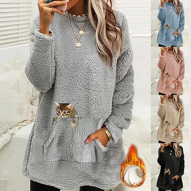 Women's Sweatshirt Pullover Fleece Sports Sherpa Fleece Teddy Front Pocket Light Blue Black Pink Cat Street Casual Round Neck Long Sleeve Top Micro-elastic Fall & Winter