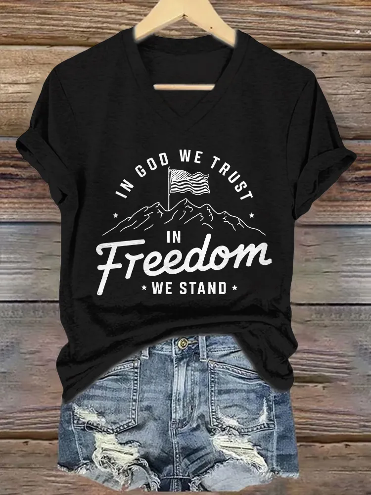 Women's  In God We Trust In Freedom We Stand Print Short Sleeve Round Neck Cotton T-Shirt