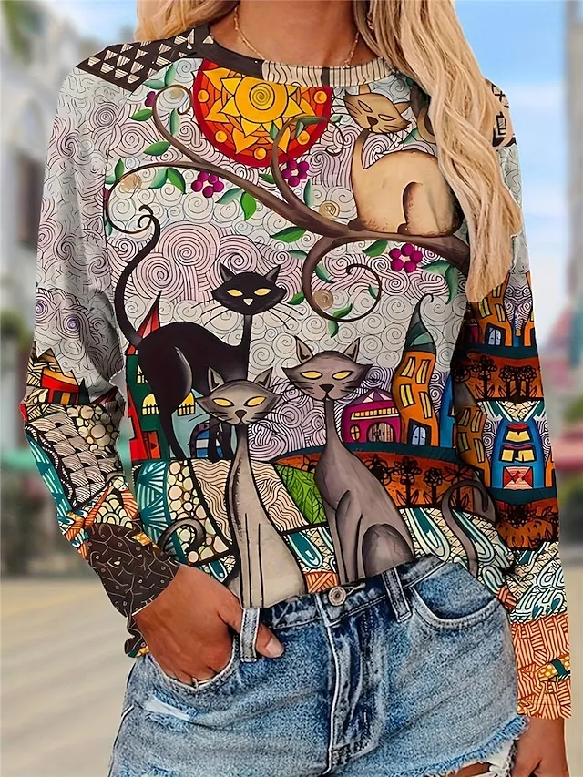Women's T shirt Tee Print Halloween Casual Long Sleeve Crew Neck Purple Spring Fall