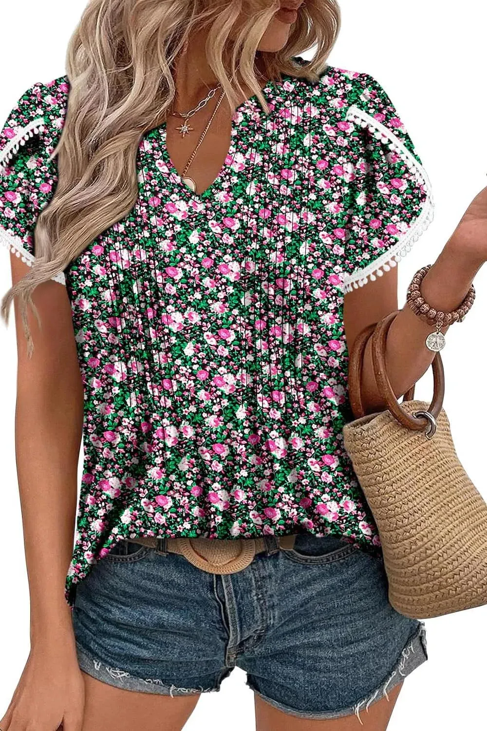 ✨Women's Cute Fringe Cuff Casual Short Sleeve Printed & Solid Tops