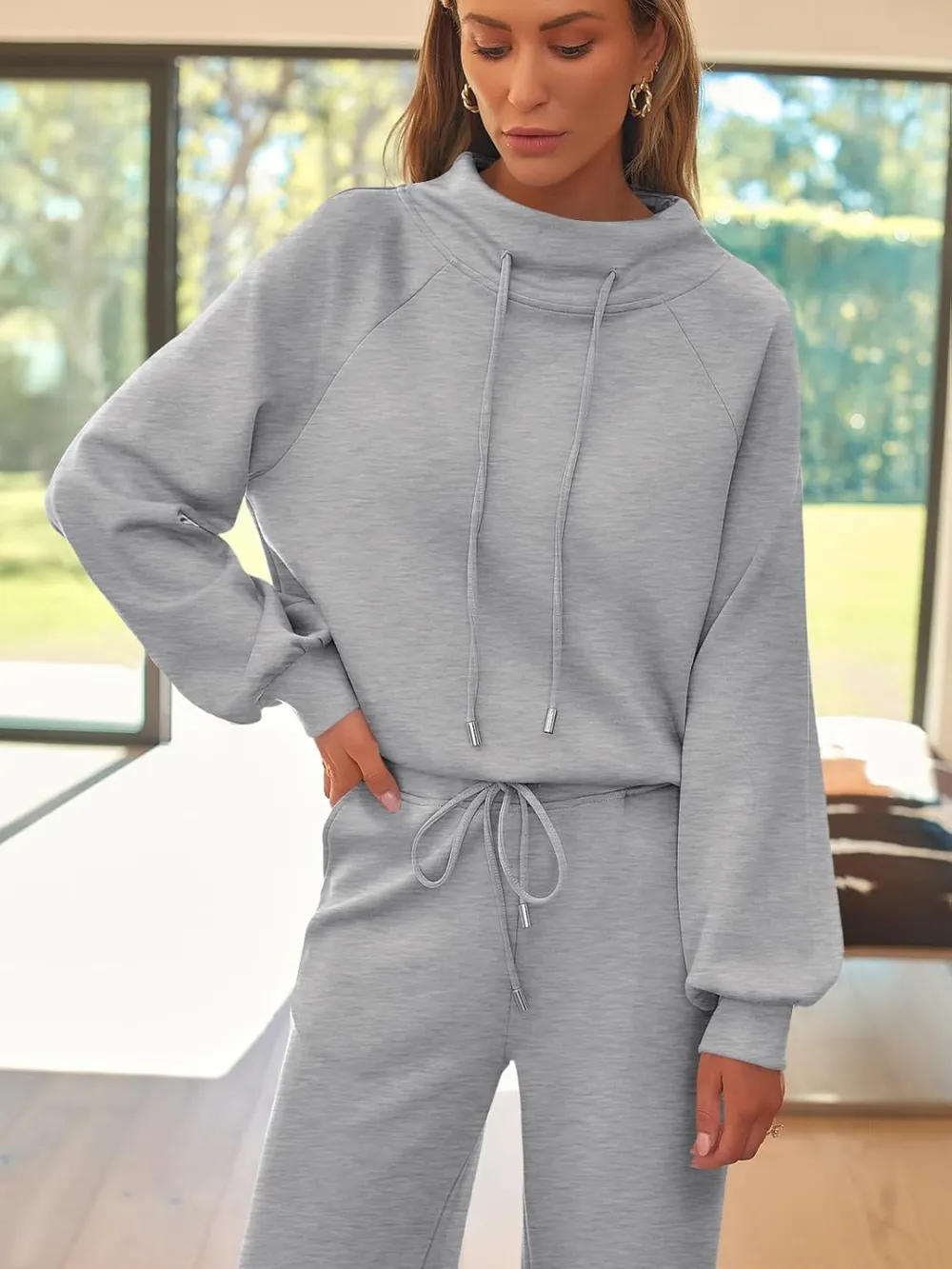 Lounge Sets for Women Sweatsuits 2 Piece Outfits 2024 Fall Drawstring Sweatshirt Wide Leg Sweatpants Tracksuit