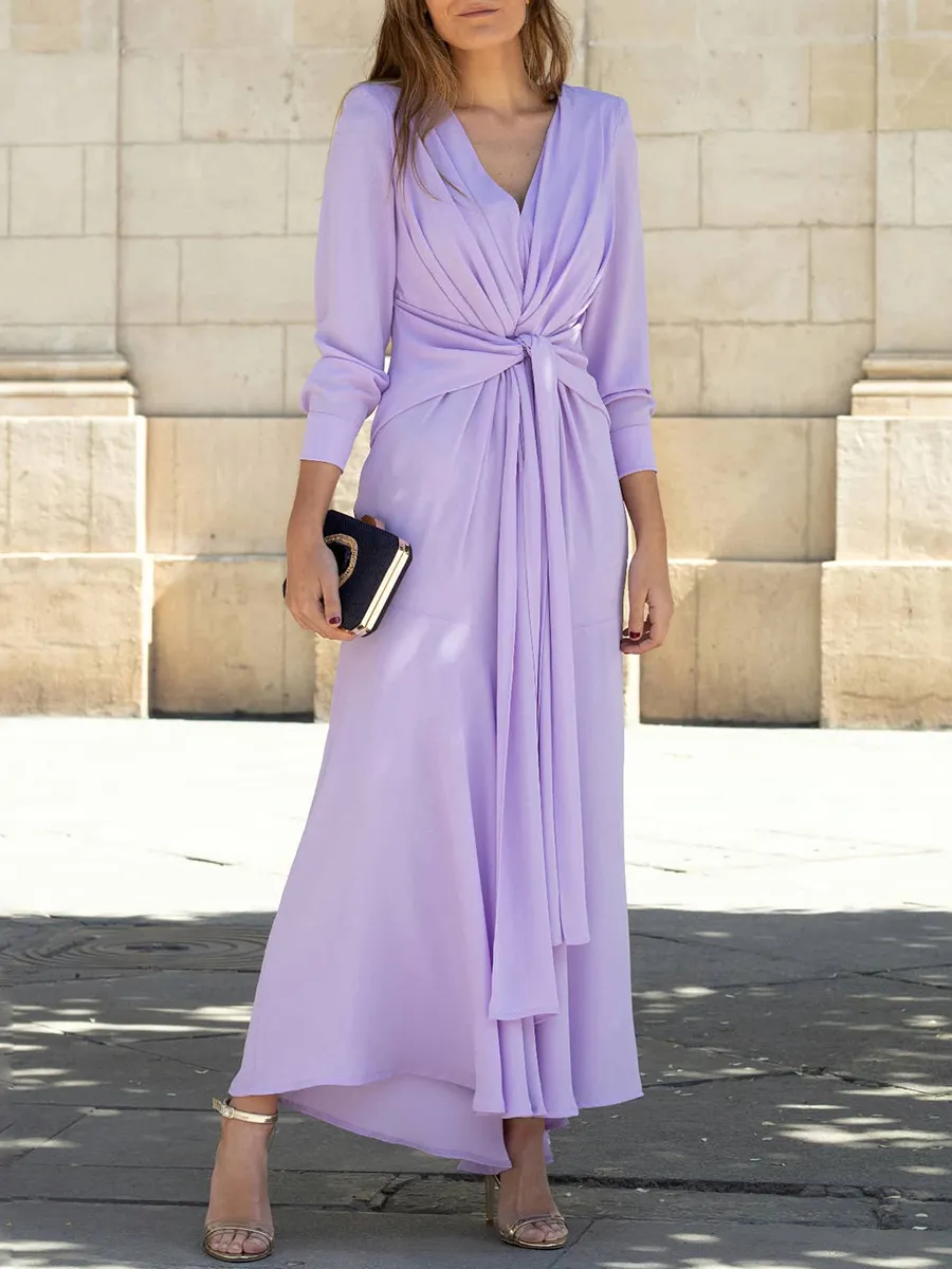 Elegant Lace-Up Solid Long-Sleeve Maxi Dress
