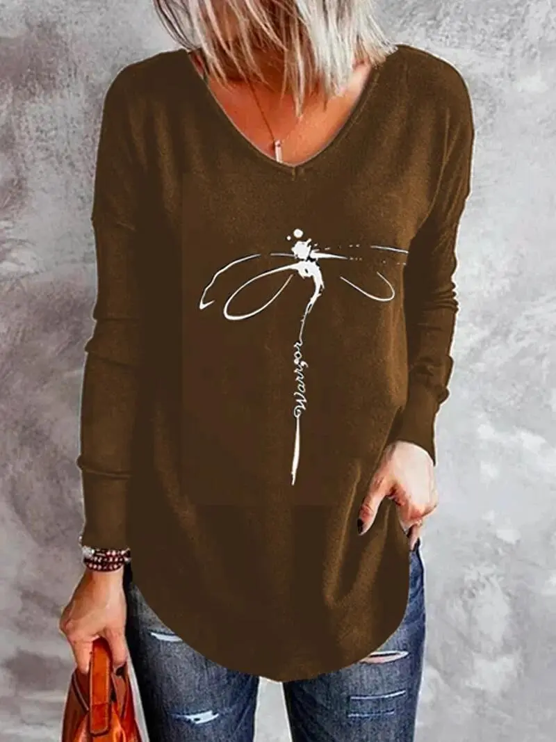 Women's T-Shirts V-Neck Dragonfly Print Long Sleeve T-Shirt（⚡Clearance Sale）