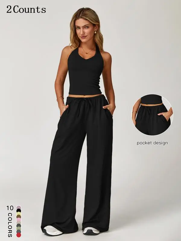 Women's Summer 2 Piece Set – Sleeveless V Neck Crop Top & Wide Leg Pants, Casual Lightweight Outfit
