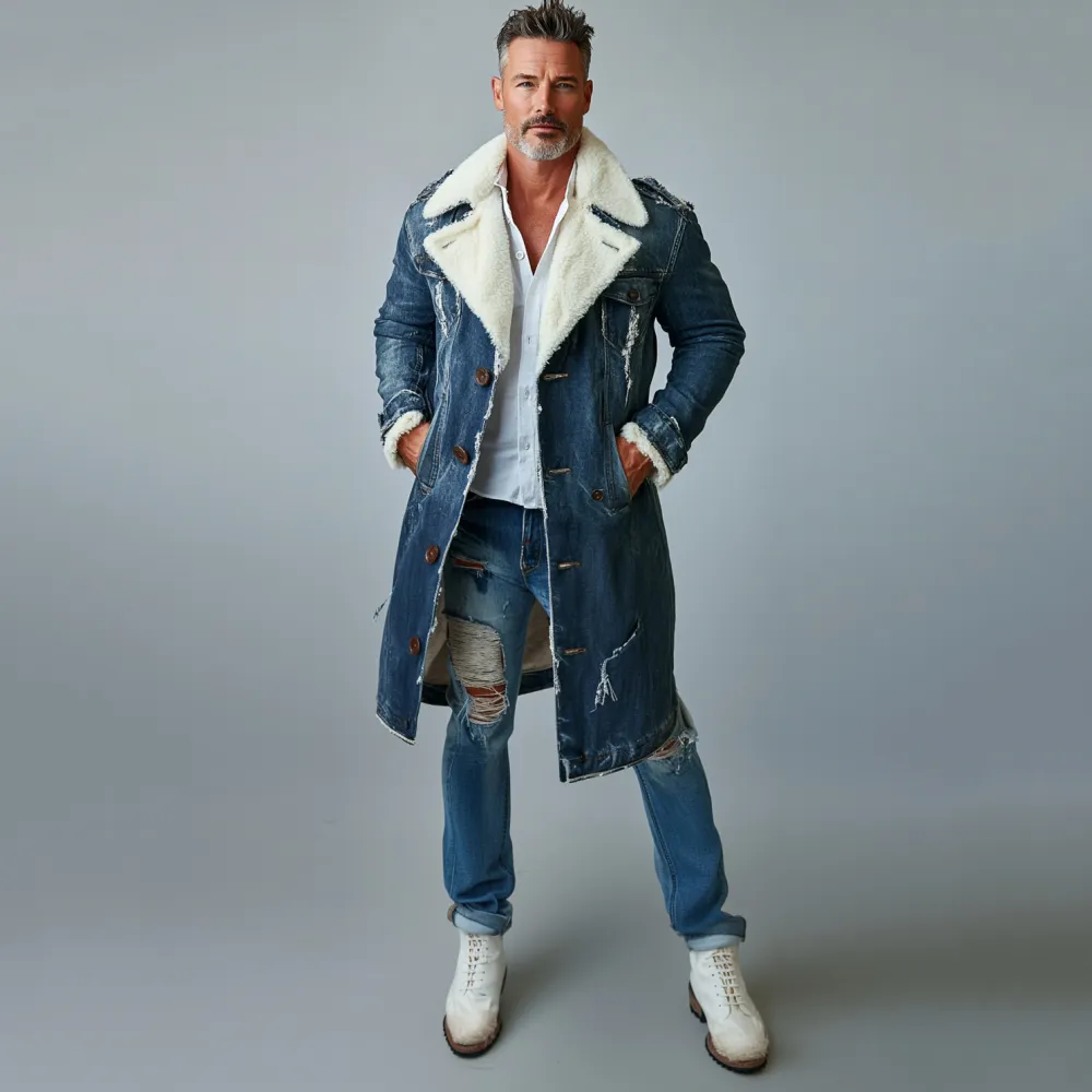 Men's Fashion Lapel Collar Single Breasted Pocket Fleece-Lined Ripped Denim Overcoat