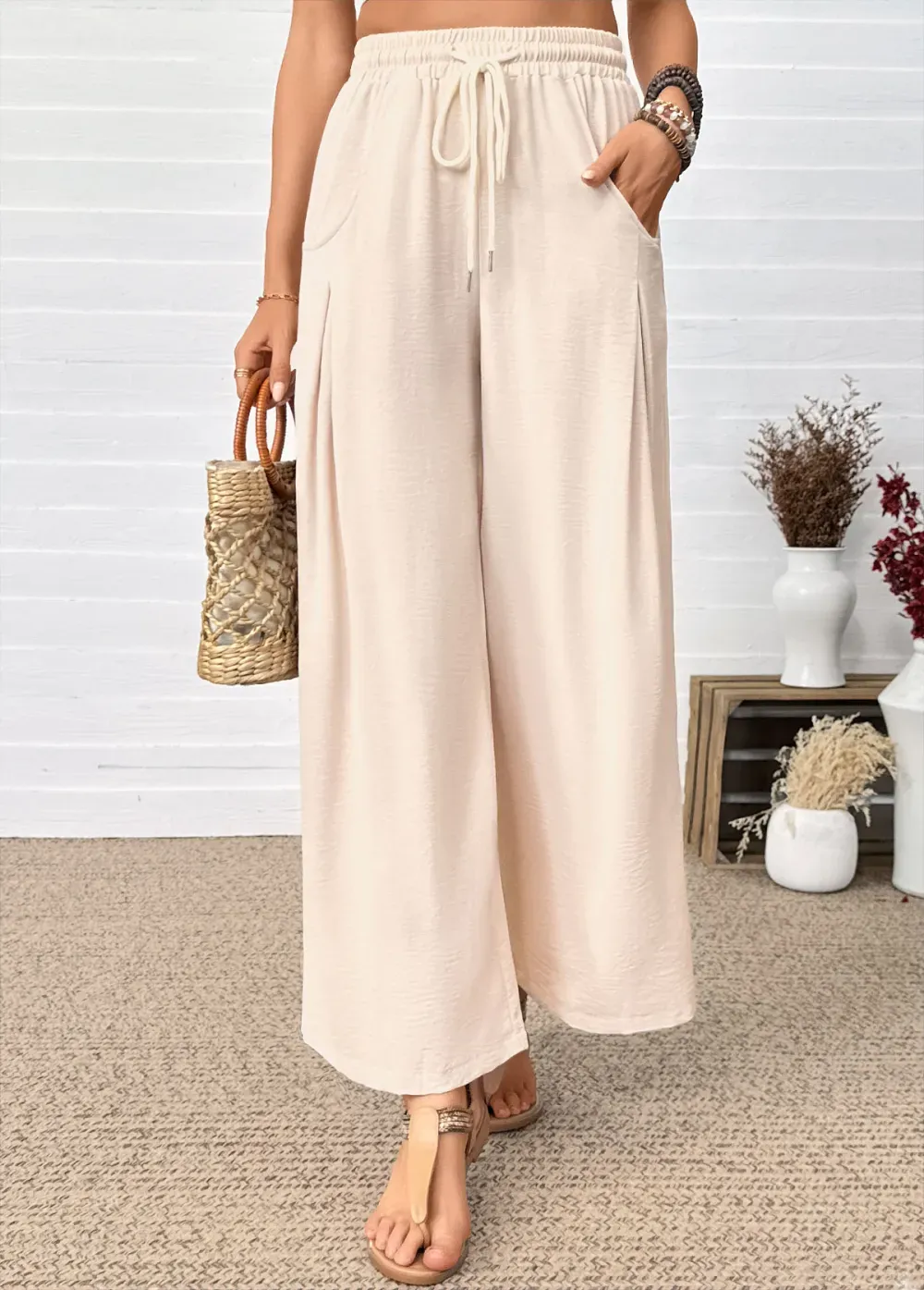 Raw White Wide Leg Elastic Waist High Waisted Pants