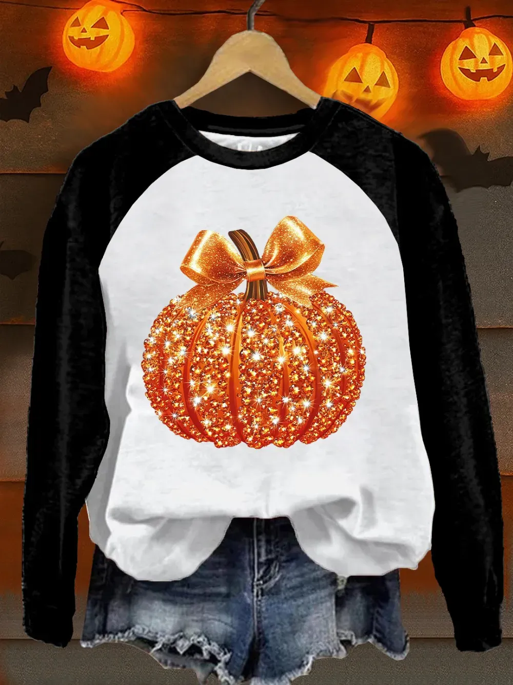 Women'S Retro Autumn Pumpkin Print Raglan Sleeve Sweatshirt