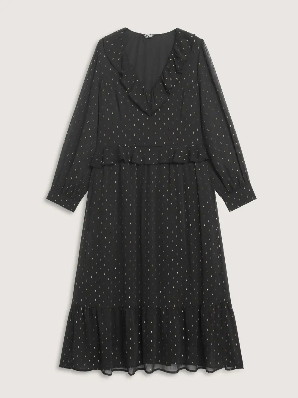 Gold Stamp Ruffled Neck Maxi Dress