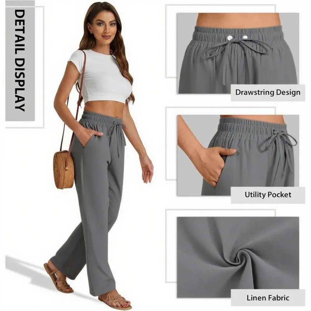 Women’s High Waist Linen Drawstring Pants – Casual Loose Fit with Pockets