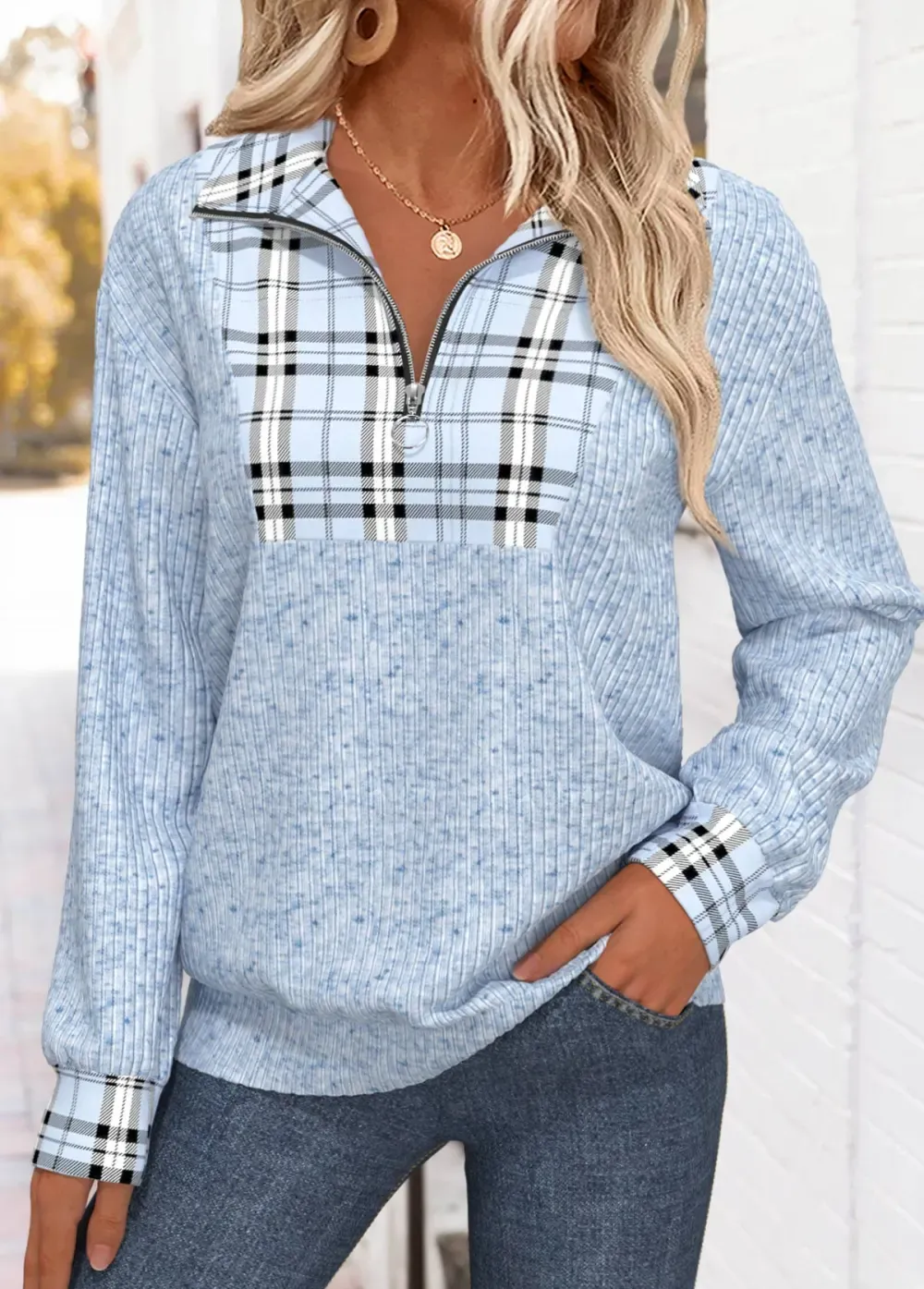 Light Blue Plaid Long Sleeve Turn Down Collar Sweatshirt