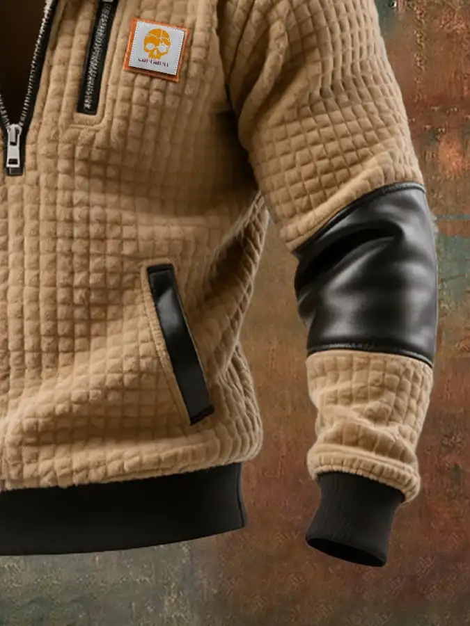 Men's Retro Knitted Square Check Leather Splicing Zipper Fur Collar Sweatshirt