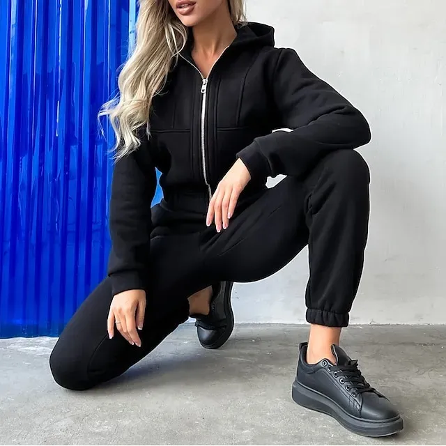 Women's Tracksuit Sweatsuit Pocket 2 Piece Solid Colored Hoodie and Pants Outfit Set Clothing Suit Fall Black White Jogging Training Exercise Thermal Warm Soft Moisture Wicking Long Sleeve Sport