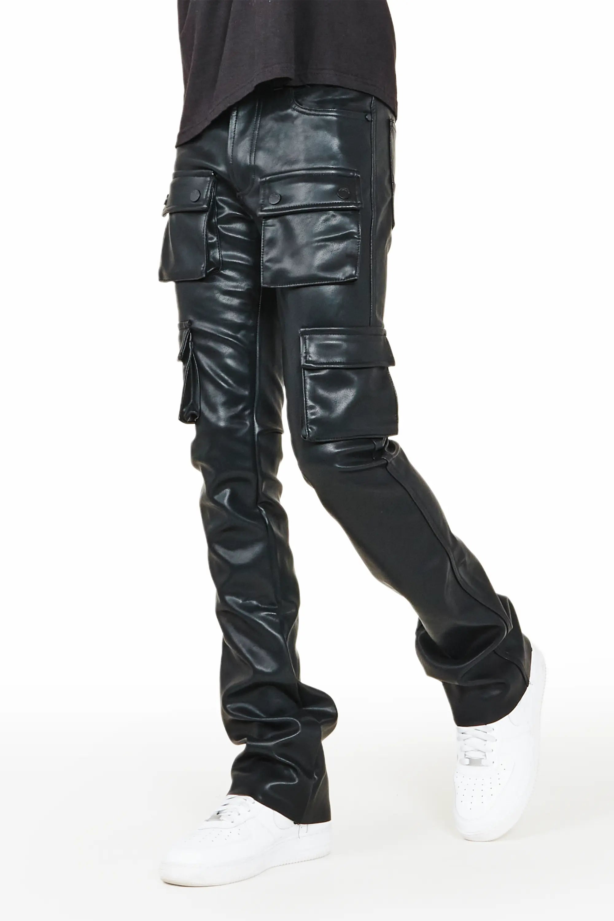 Khaza Black Faux Leather Stacked Flare Jean