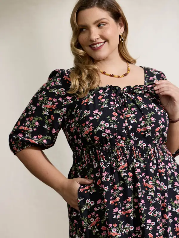 Floral Shirred Waist Neck-Tie Midi Dress