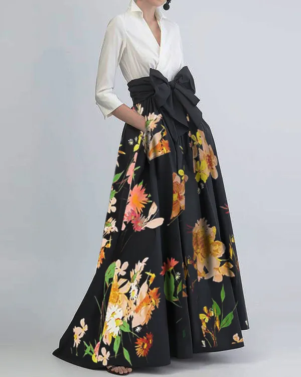 Contrasting maxi dress shirt collar Big bow