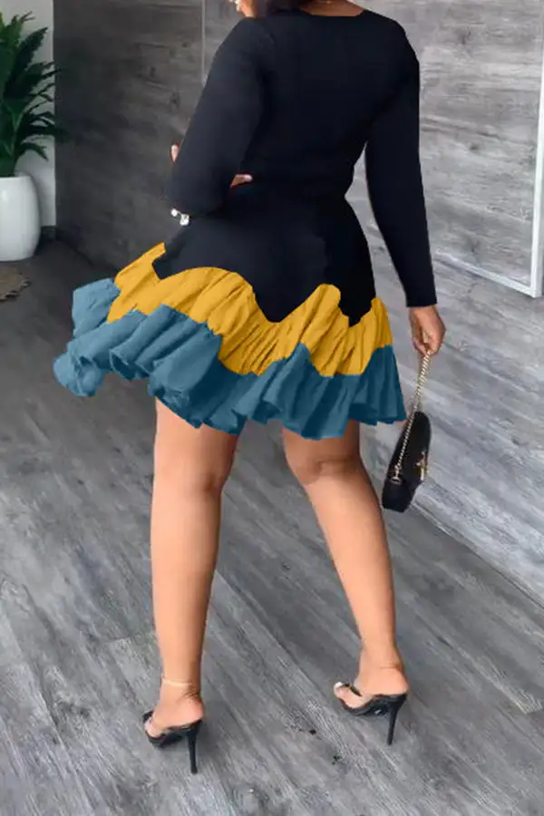 Color Block Classic Tiered Ruffle Mini Dress