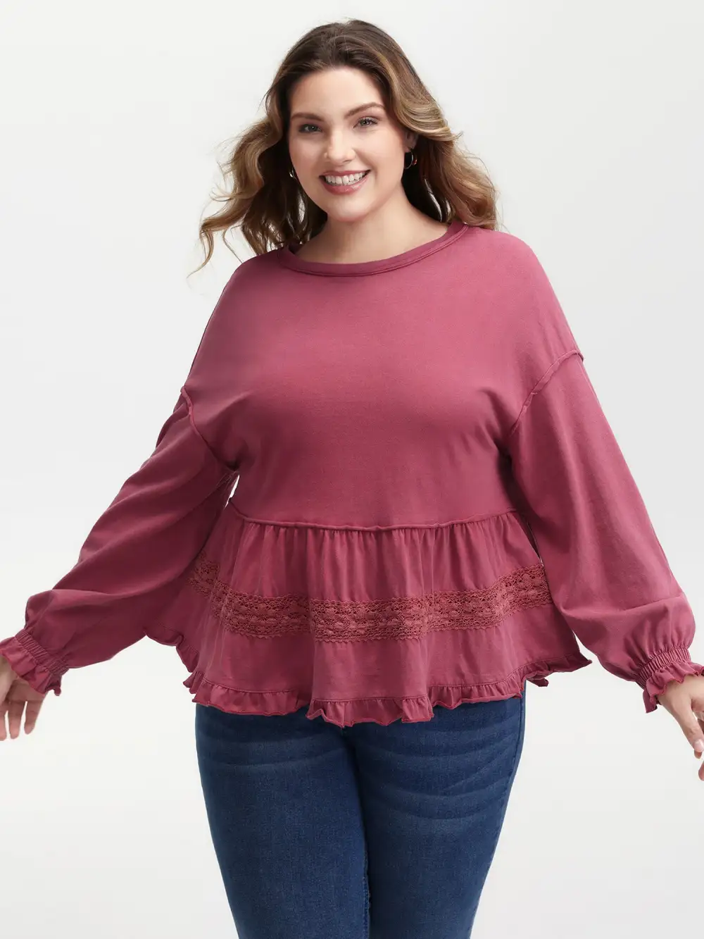 Washed Lace Trim Tiered Round Neck Sweatshirt