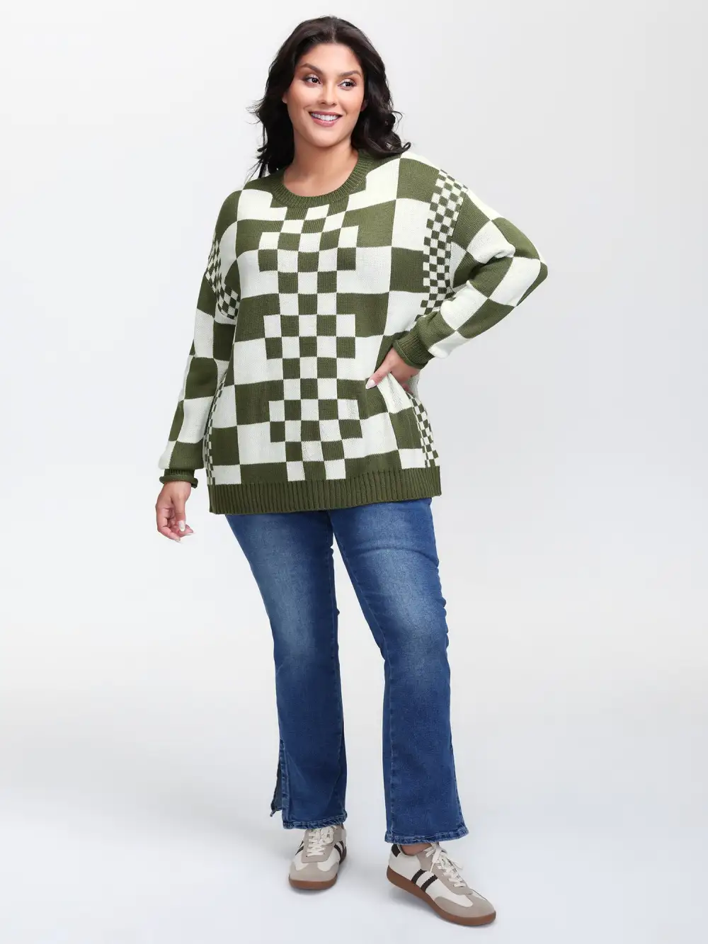 Colorblock Checkered Print Pullover