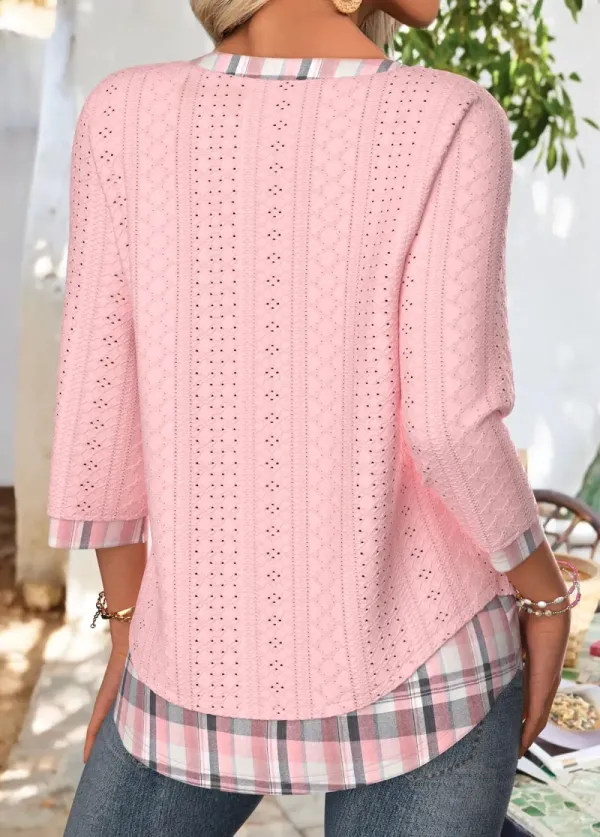Light Pink Plaid 3/4 Sleeve Split Neck T Shirt